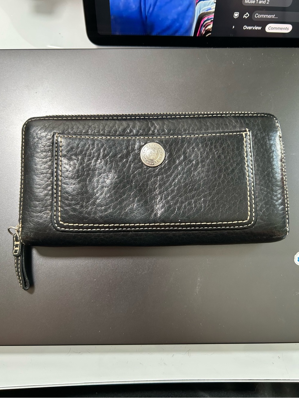 Coach Black Pebbled Leather Zip-Around Wallet with Front Slip Pocket